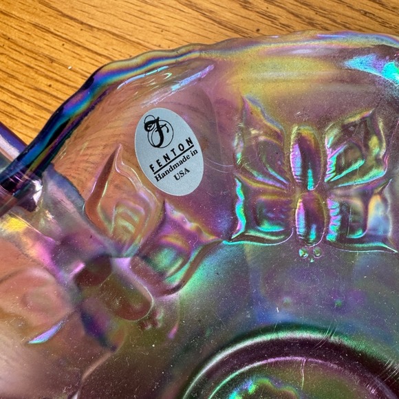 Fenton Iridescent Purple Carnival Glass Candy Dish with Handles Butterfly Rose - Picture 5 of 11